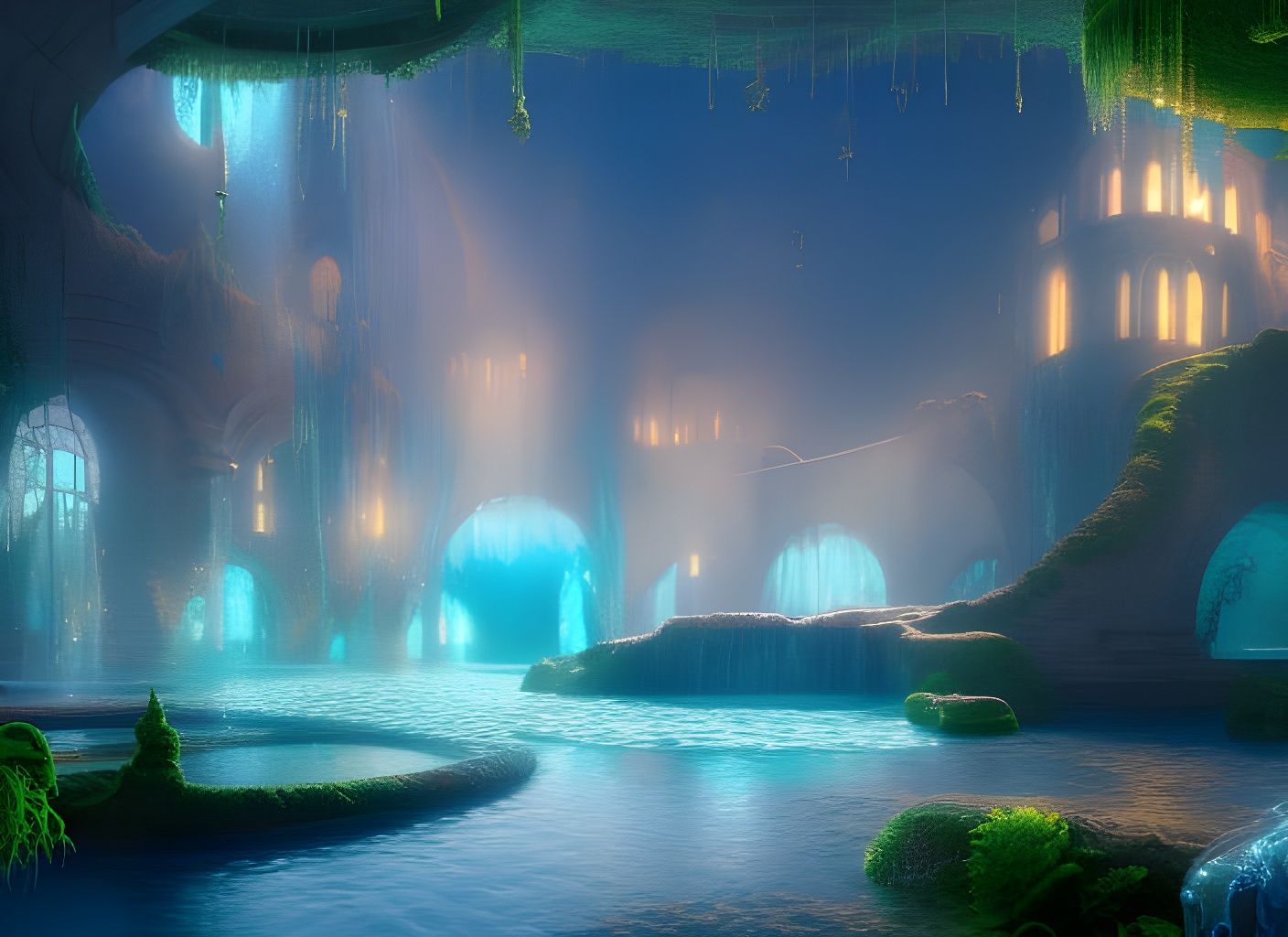 Iridescent Mermaid Castle in Dreamy Underwater Scene