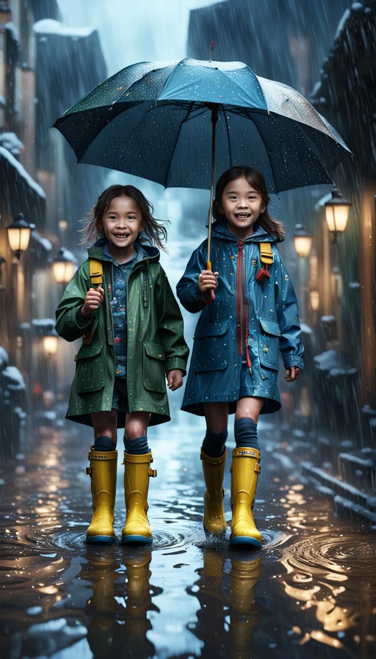 Children playing in the rain  with in rain boots brings a ra...