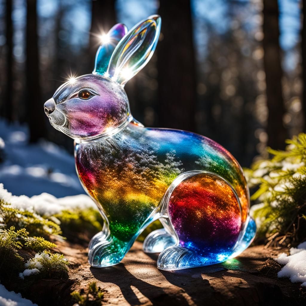 Rainbow Glass Rabbit in Winter Forest