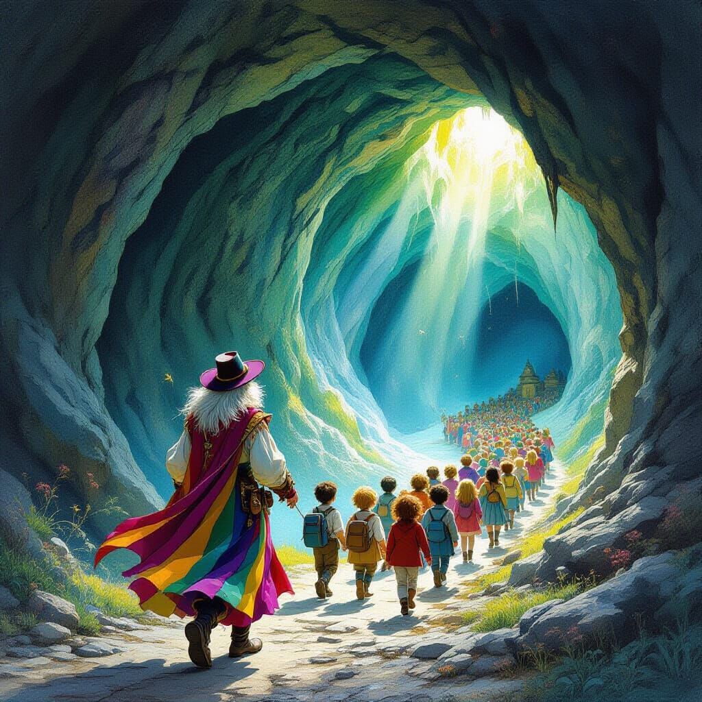 Pied Piper Leads Children to Mystical Cave