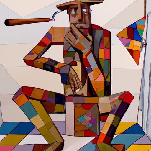 Cubist Man Smoking Cigar in Toilet
