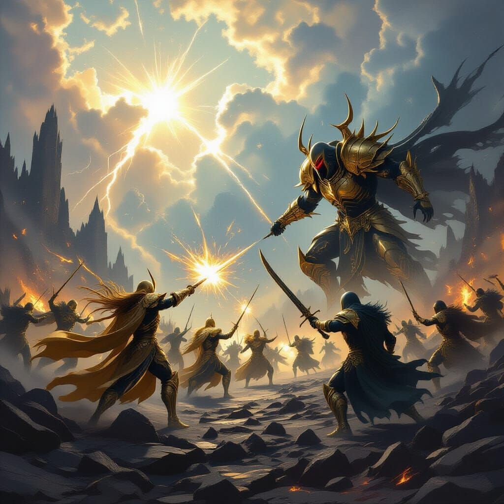 Celestial Knights vs. Shadow Reapers in Mythical Battle