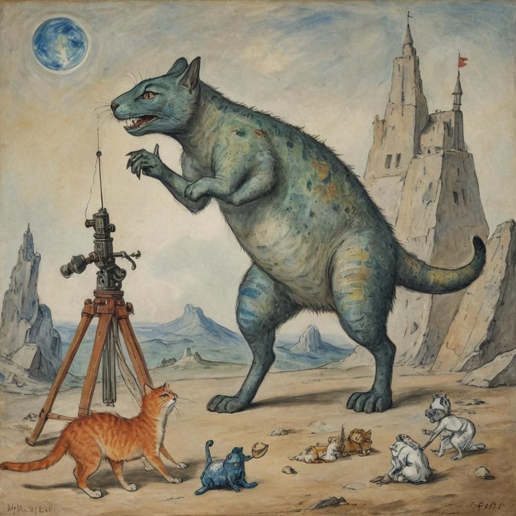 Brave Cat Repairs Cosmosaurus System: Surreal Art