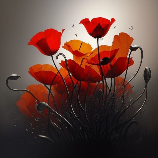 Fiery Surrealist Poppies with Melting Silver Crest