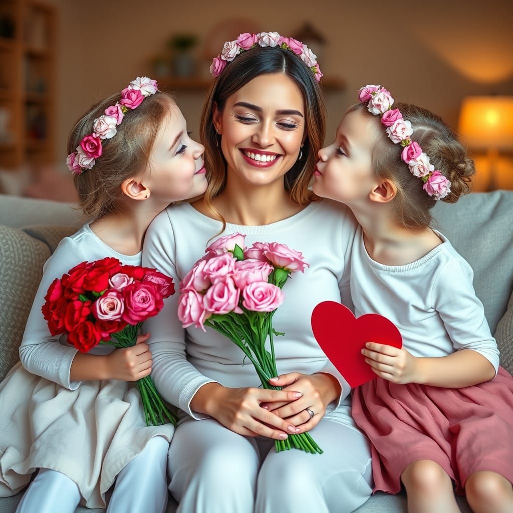 American Mother and Daughters Share Tender Moment in Cozy Ho...