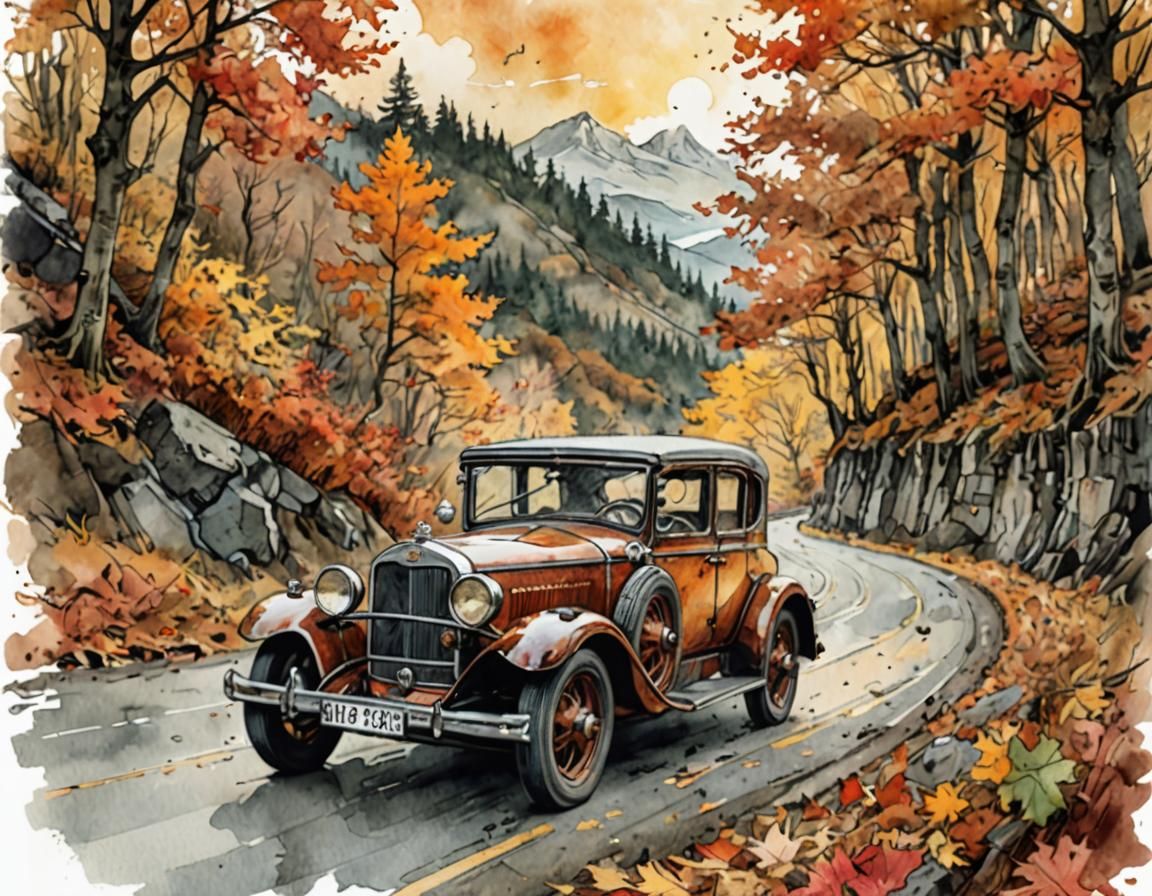 Vintage Car on Autumn Road, Watercolor Illustration