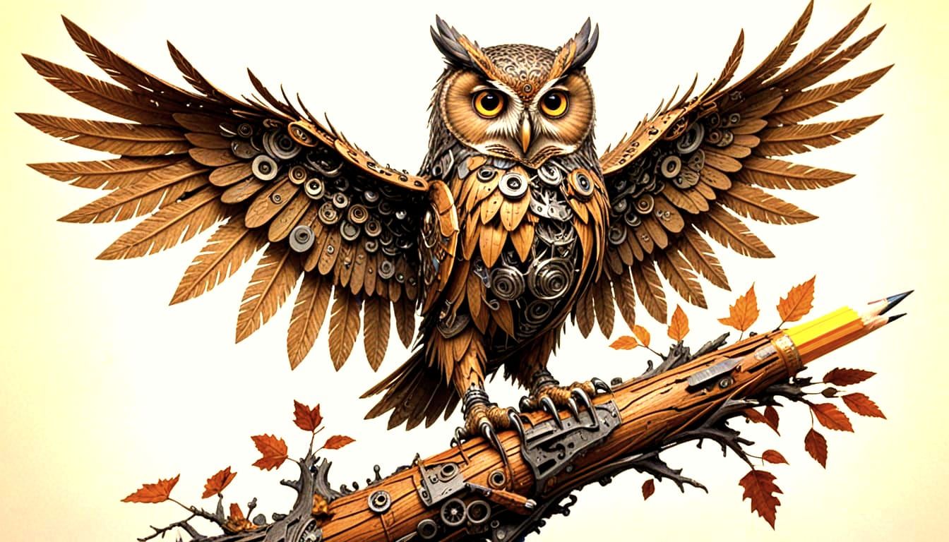 Steampunk Mechanical Owl Unfurling Wings on Giant Pencil Tre...