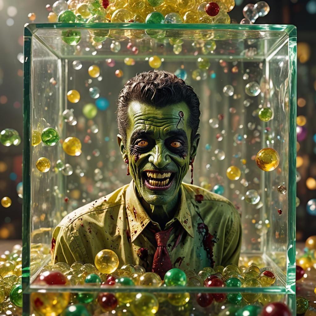 Zombie Face in Crystal Cube, Hyperrealistic Digital Art