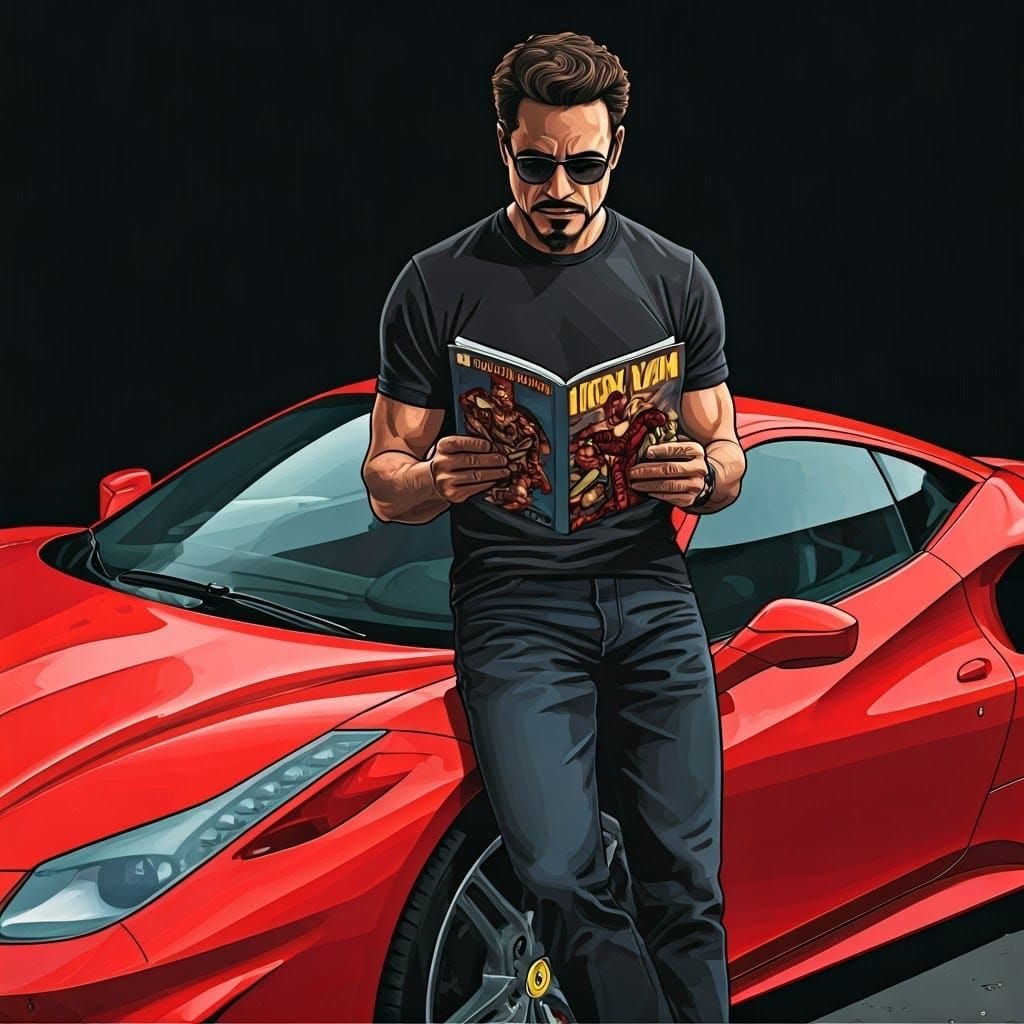 Tony Stark Reading Iron Man Comic, Syd Mead Style