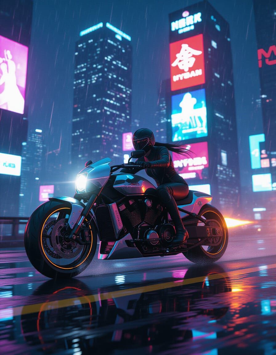 Cyberpunk Motorcycle Speeds Through Neon Cityscape
