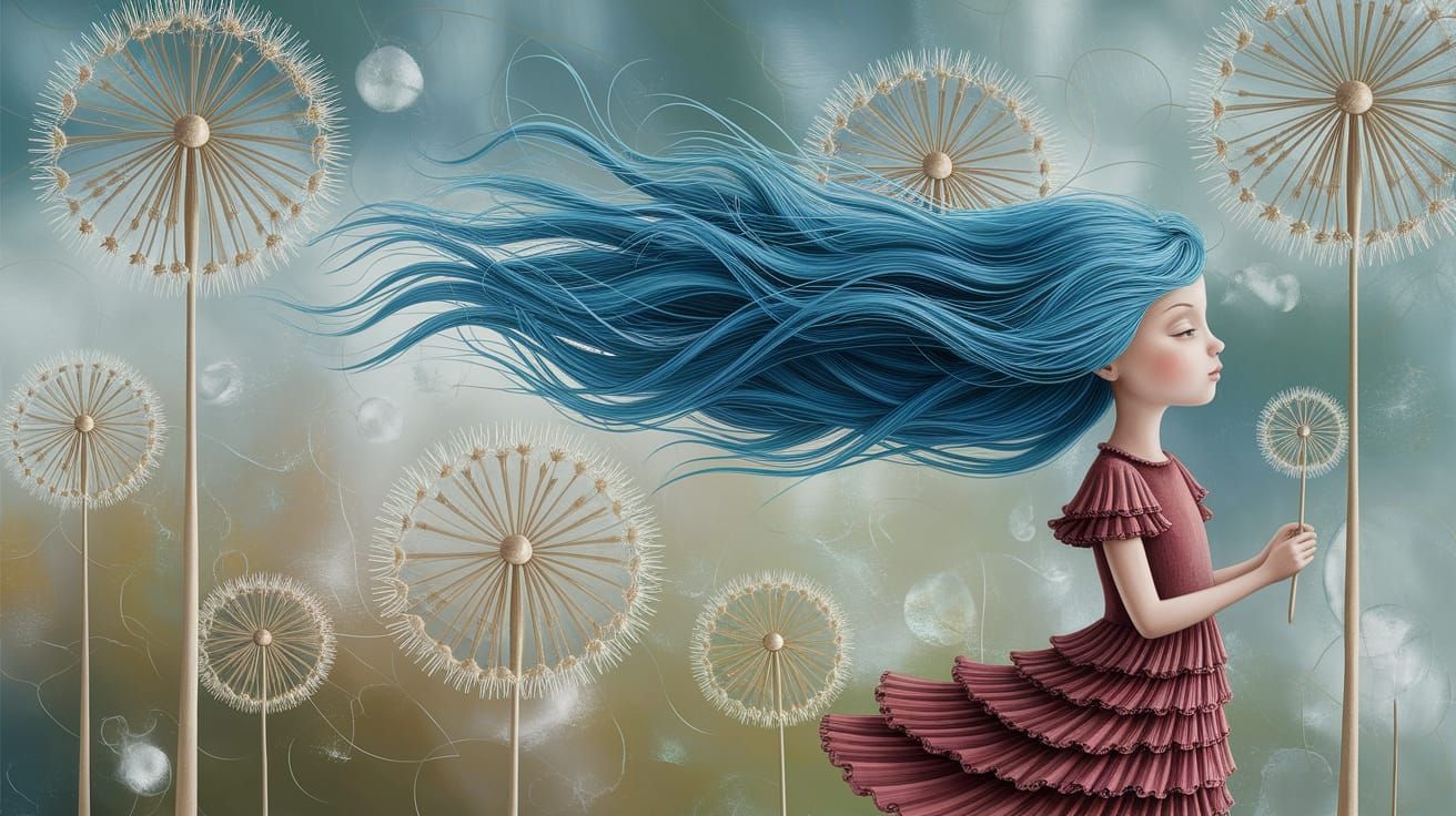 Ethereal Girl Smells Blue Dandelion in Dreamy Landscape