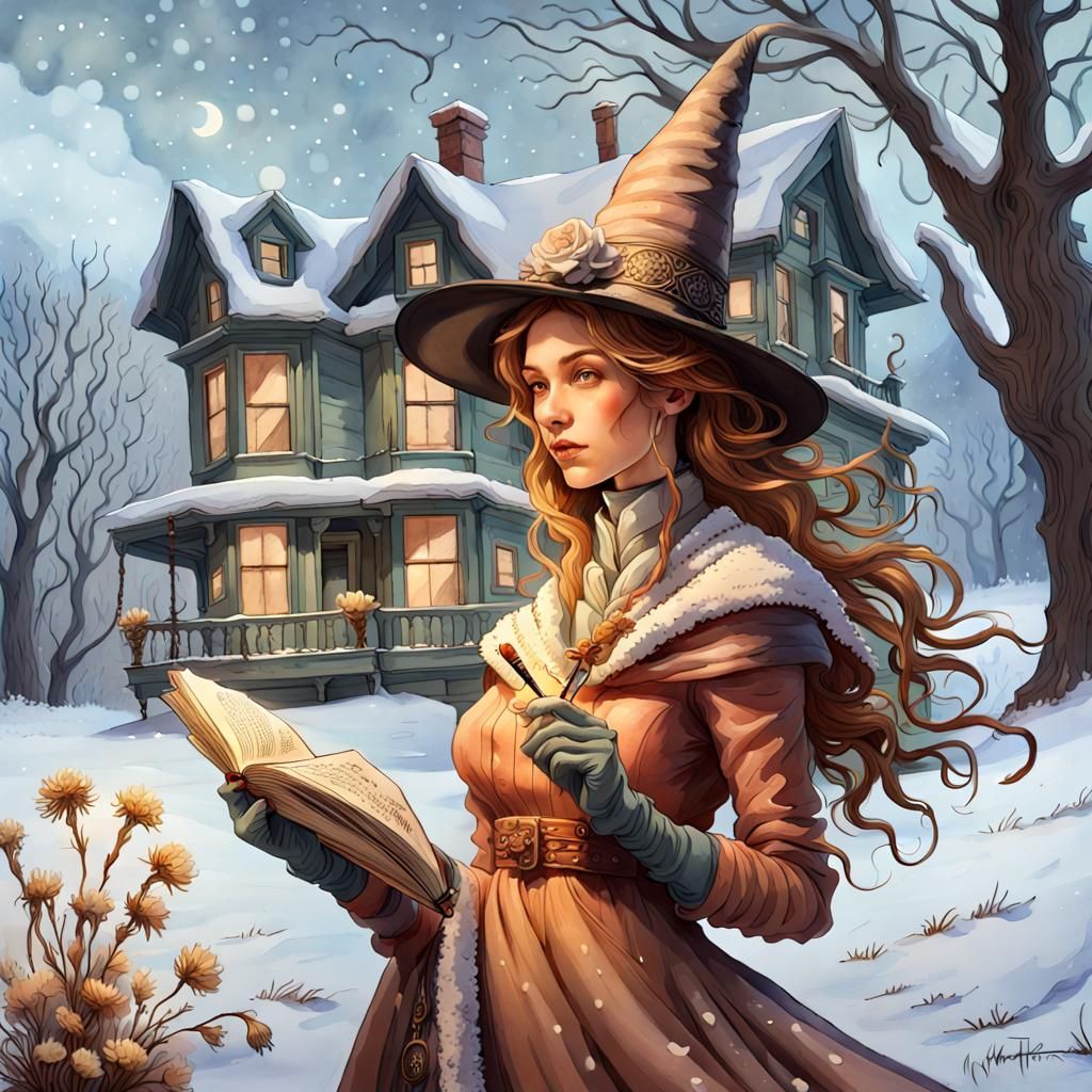 Kind Sorceress Casting Spells in Gouache Watercolor