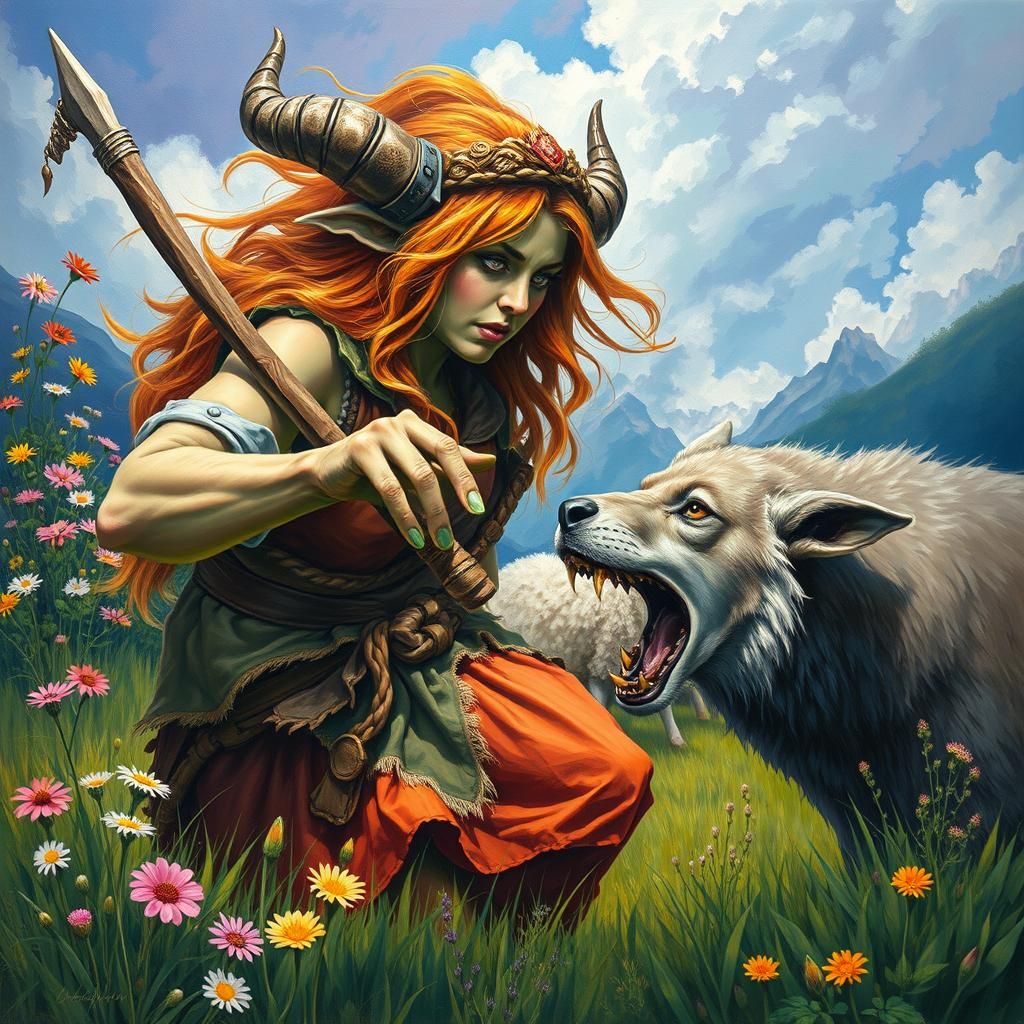 Ogre Shepherdess Fighting Wolf in Brian Froud Style