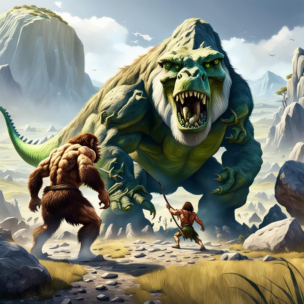Neanderthals fighting a beasty dinosaur