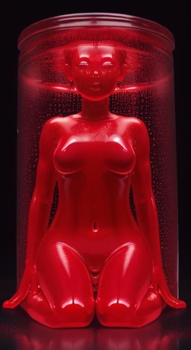Red Slime Girl Glowing in Dark Room