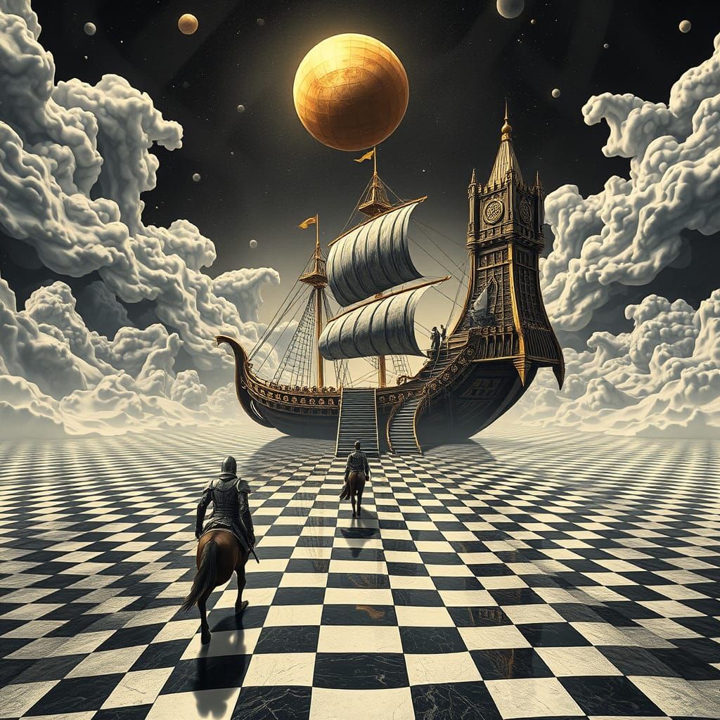 Surreal Dreamscape of Golden Odysseus, Blending Dalí and Esc...