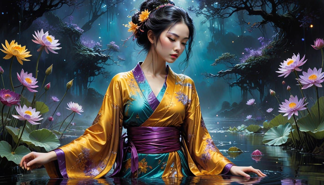 Enchanting Geisha in Elegant, Celestial Kimono