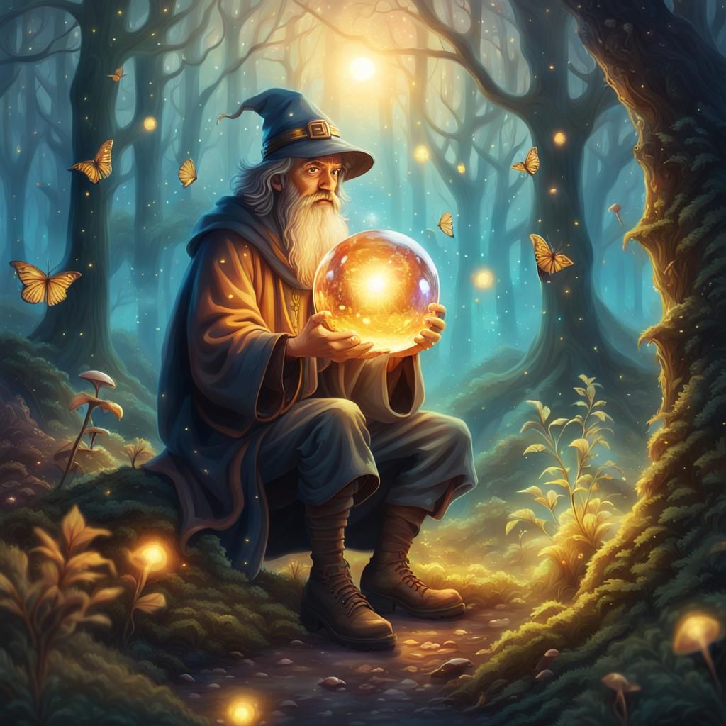 Young Wizard Holding Glowing Orb in Forest