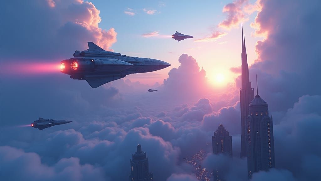 Alien Invasion over Future Cityscape in Dreamy Twilight