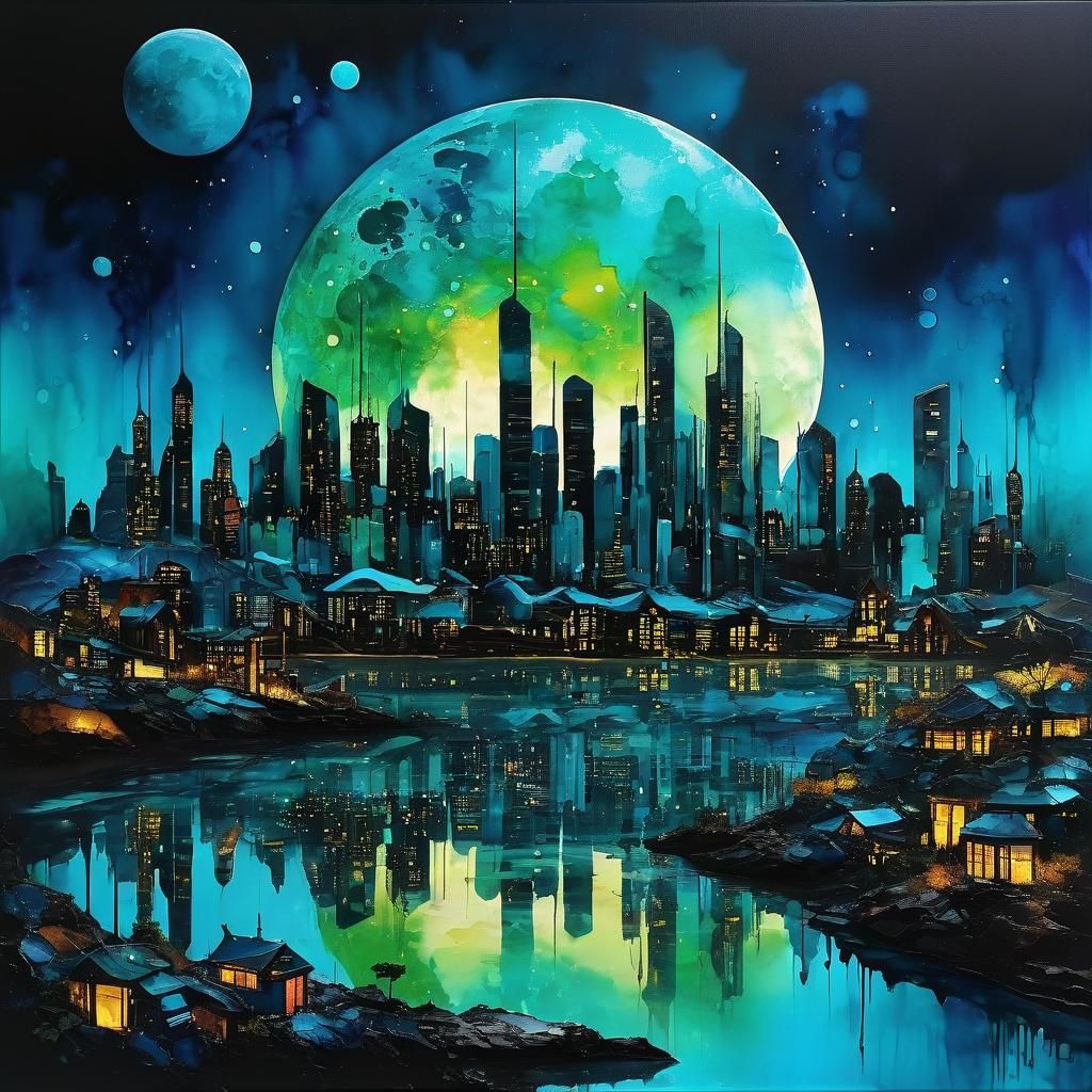 Futuristic Cityscape Landscape in Alcohol Ink Style