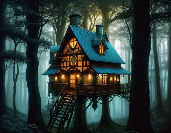 Enchanted Witch's Treehouse in Forest, Detailed Painting