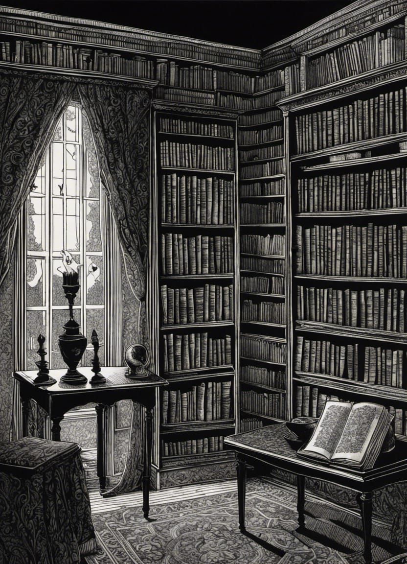 Haunted Library in Pen and Ink Drawing