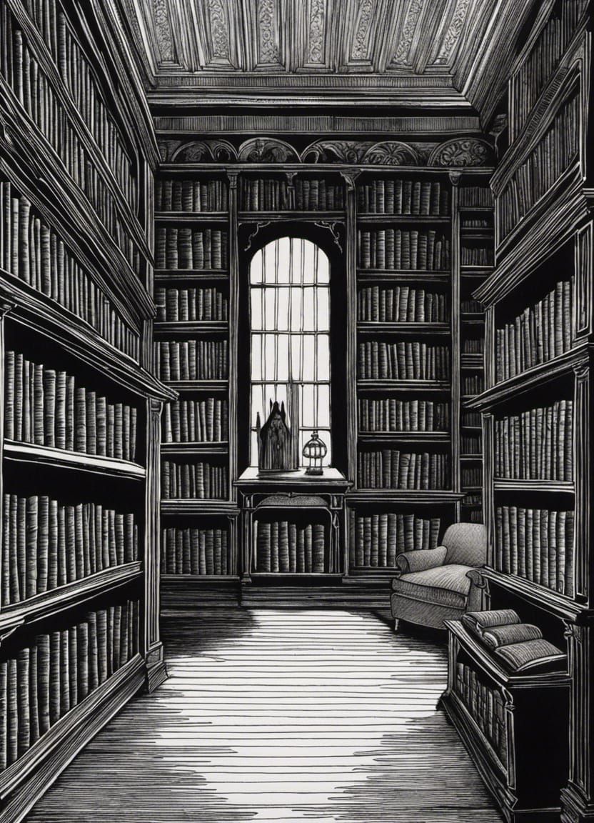 Haunted Library Ink Drawing in Gorey Style