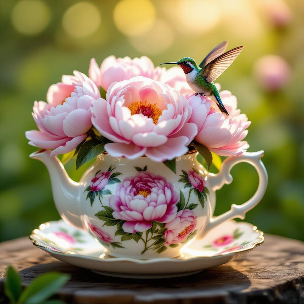 Surreal Teapot Blooms with Peonies and Hummingbird
