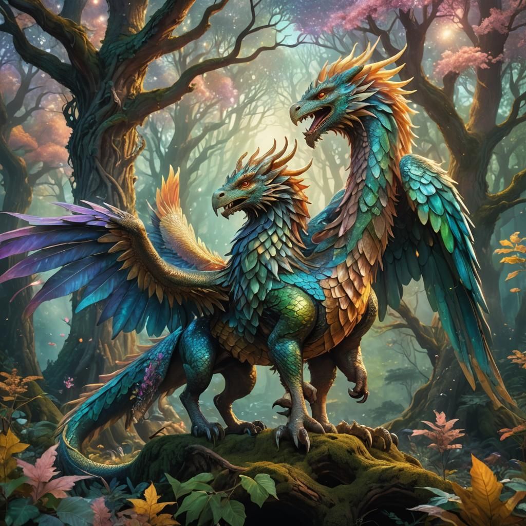 Dragon and Griffin in Mystical Forest Illustration