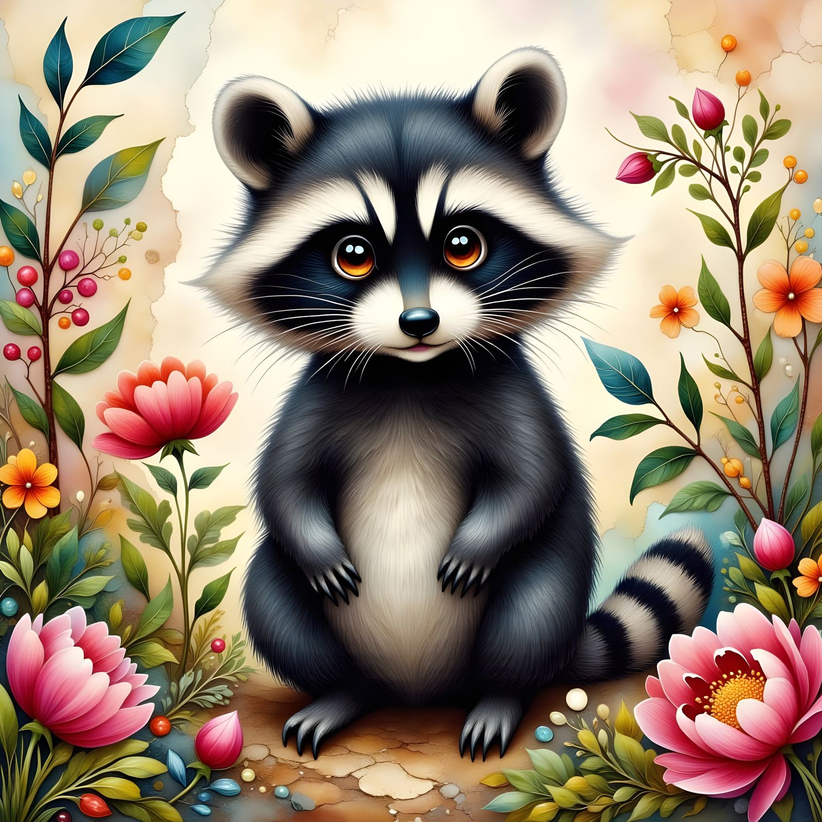 Cute Raccoon in Garden, Malika Favre Illustration Style
