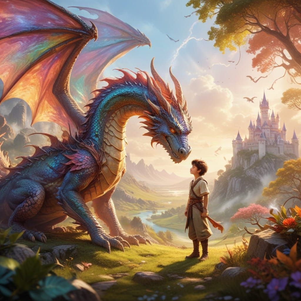 Majestic Dragon Bows to Tamer in Vibrant Fairytale Scene
