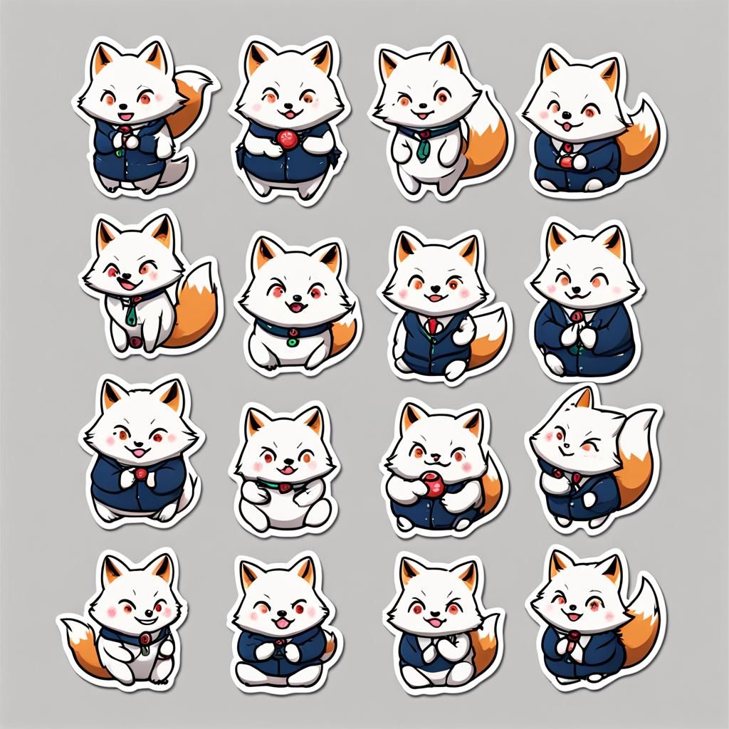 Chubby White Fox Emoji Stickers in Anime Style