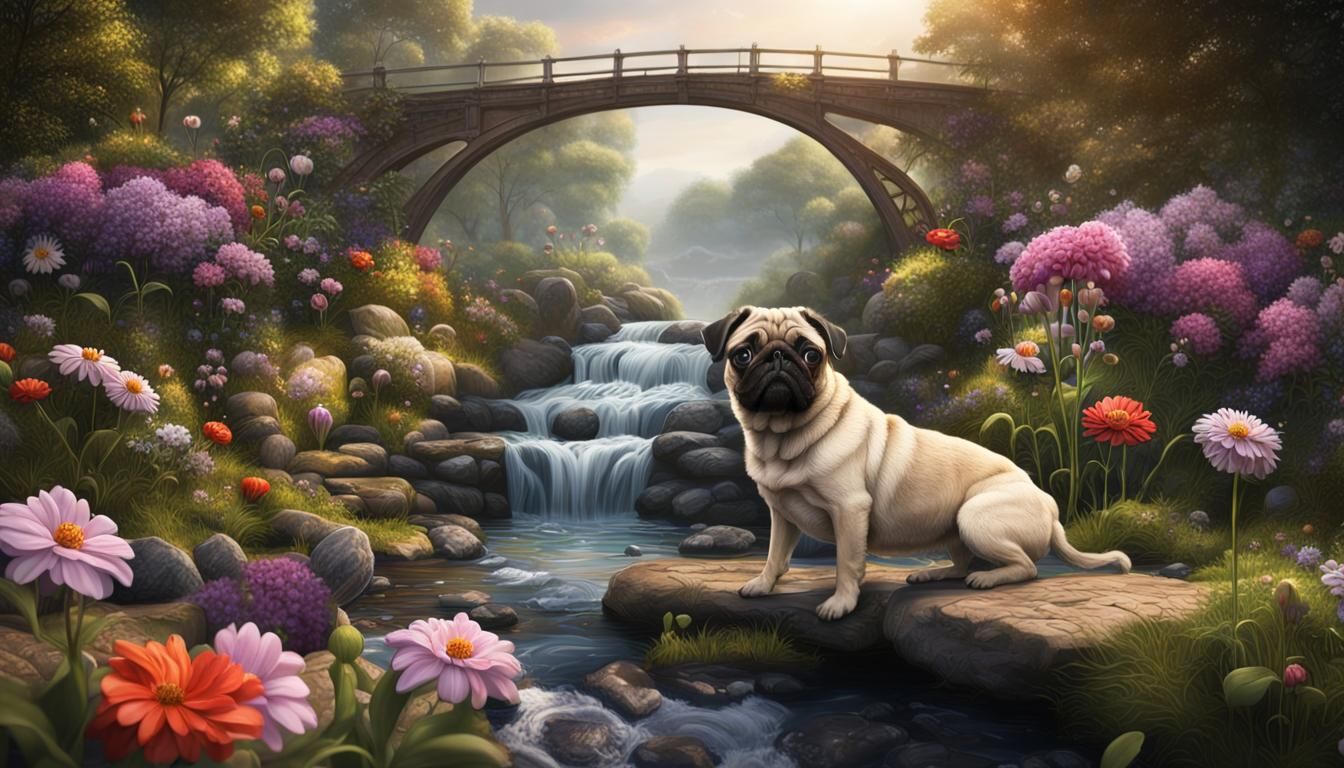 Pugs by Waterfall: Photorealistic Artstation Quality