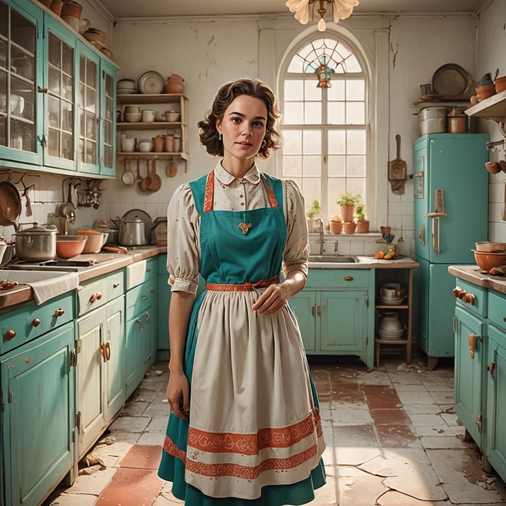 Vintage American Tradwife in Retro Kitchen