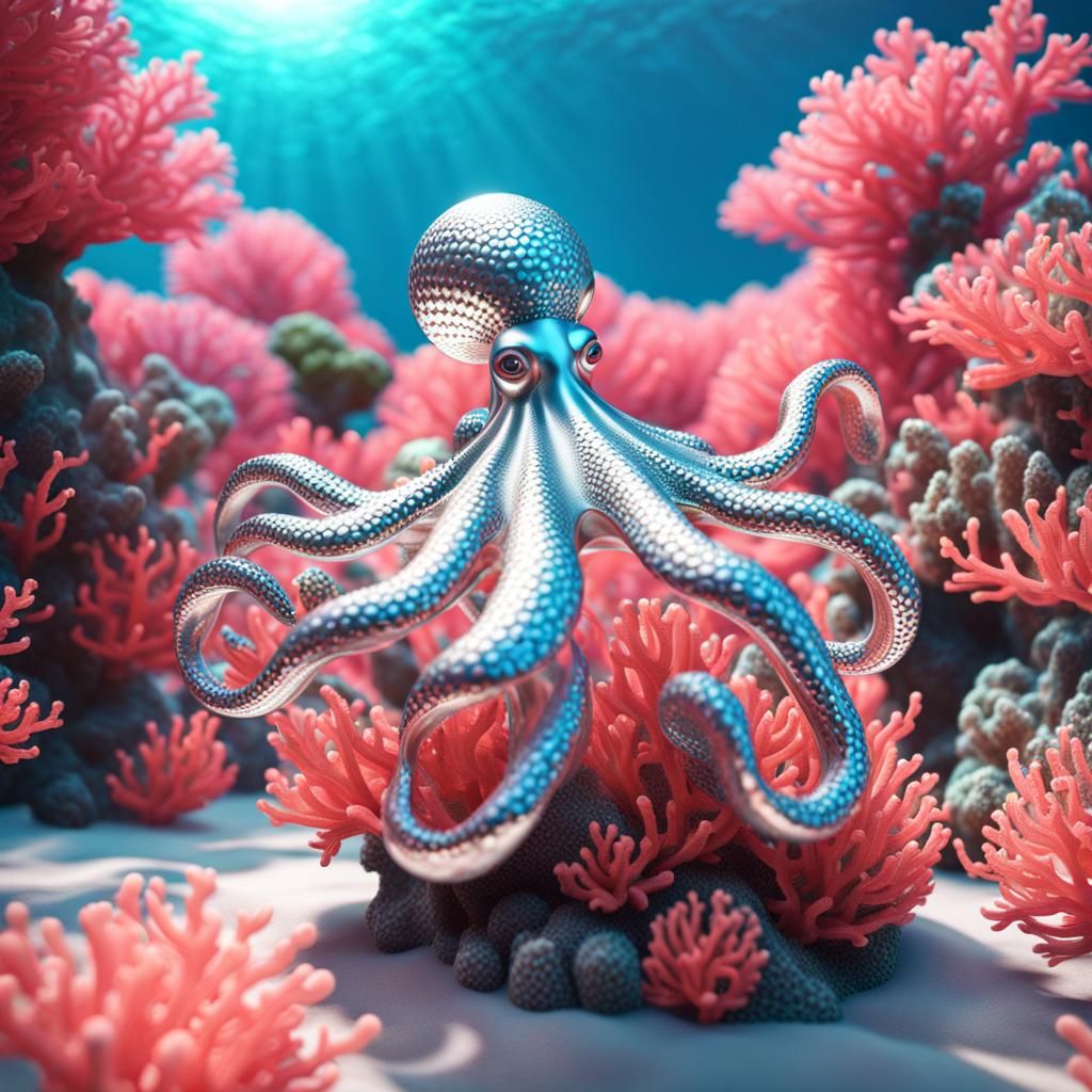 Silver Octopus Figure Over Pink Coral Reef