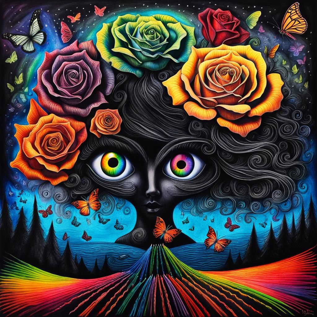 Surreal Crayon Drawing of a Goth Woman