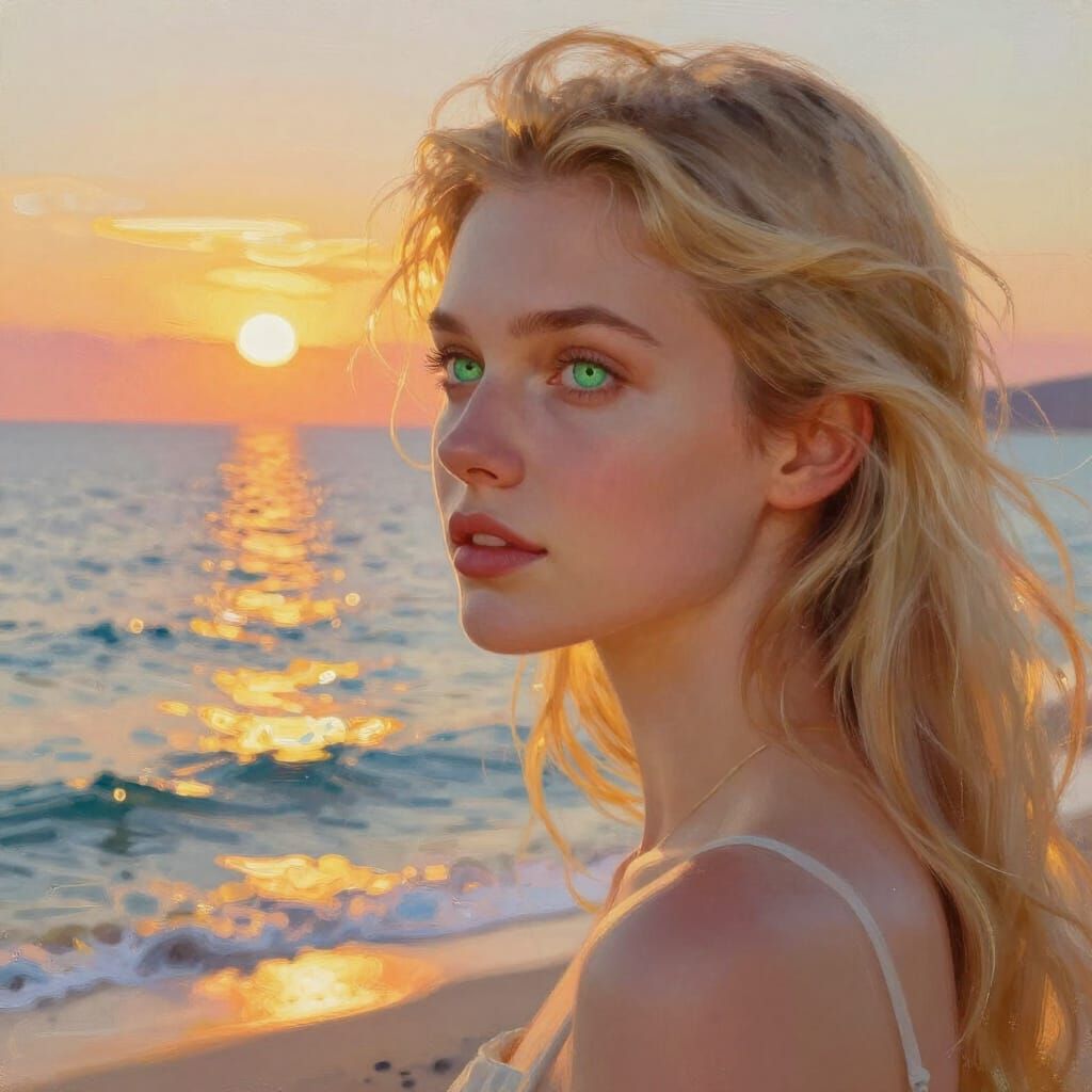 Blonde Woman Gazes at Sunlit Sea in Impressionistic Style