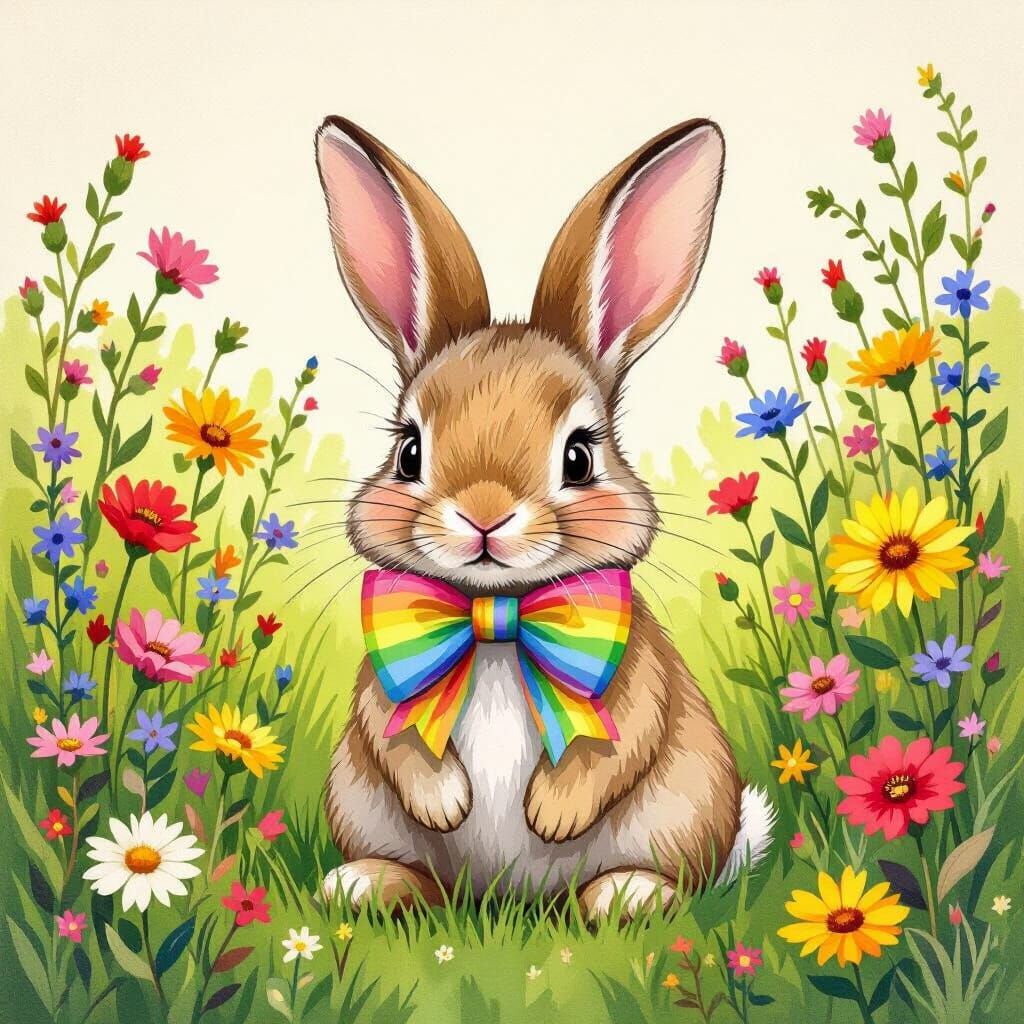 Rainbow Bow Tie Bunny in Beatrix Potter Style