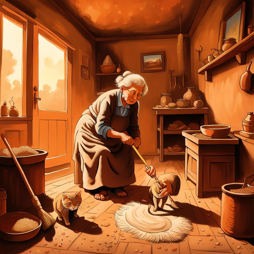 Pointillist Painting of Old Lady and Cat