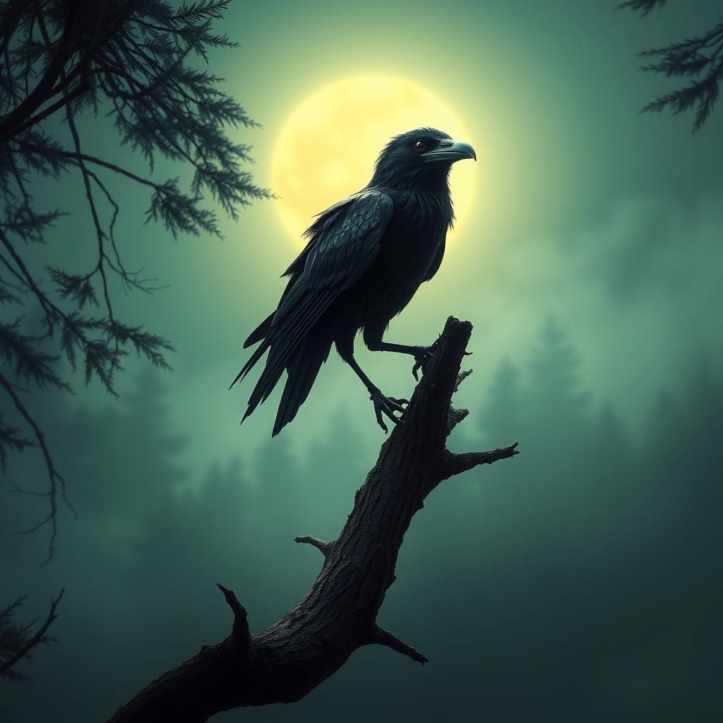 Ethereal Raven on a Foggy Forest Branch at Night