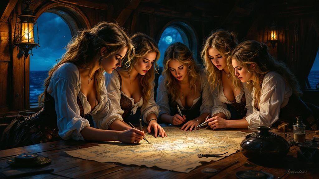 Pirate Women Plotting Course in Ship Cabin