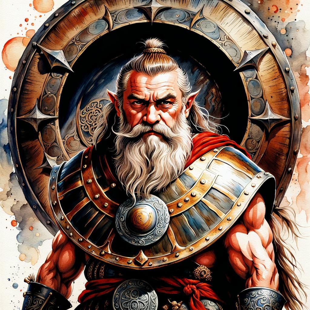 Dwarf Warrior with Shield, Watercolour Painting