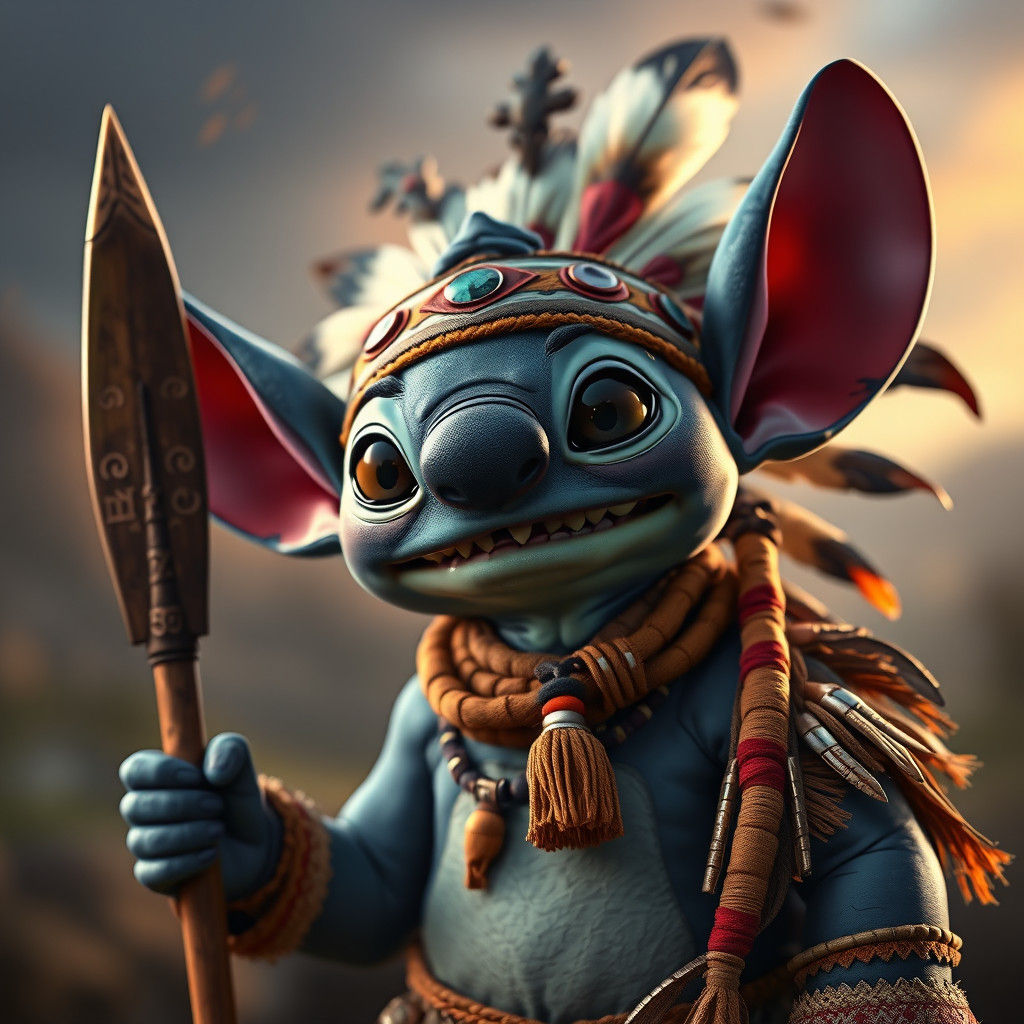 Stitch as Native American: Detailed Fantasy Art