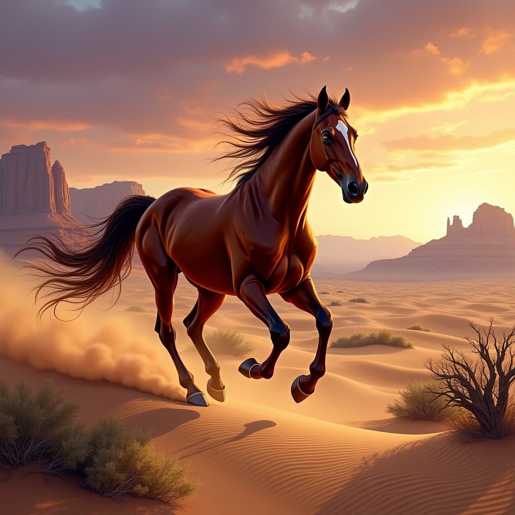 Majestic Arabian Horse Galloping Across Desert Dunes at Twil...