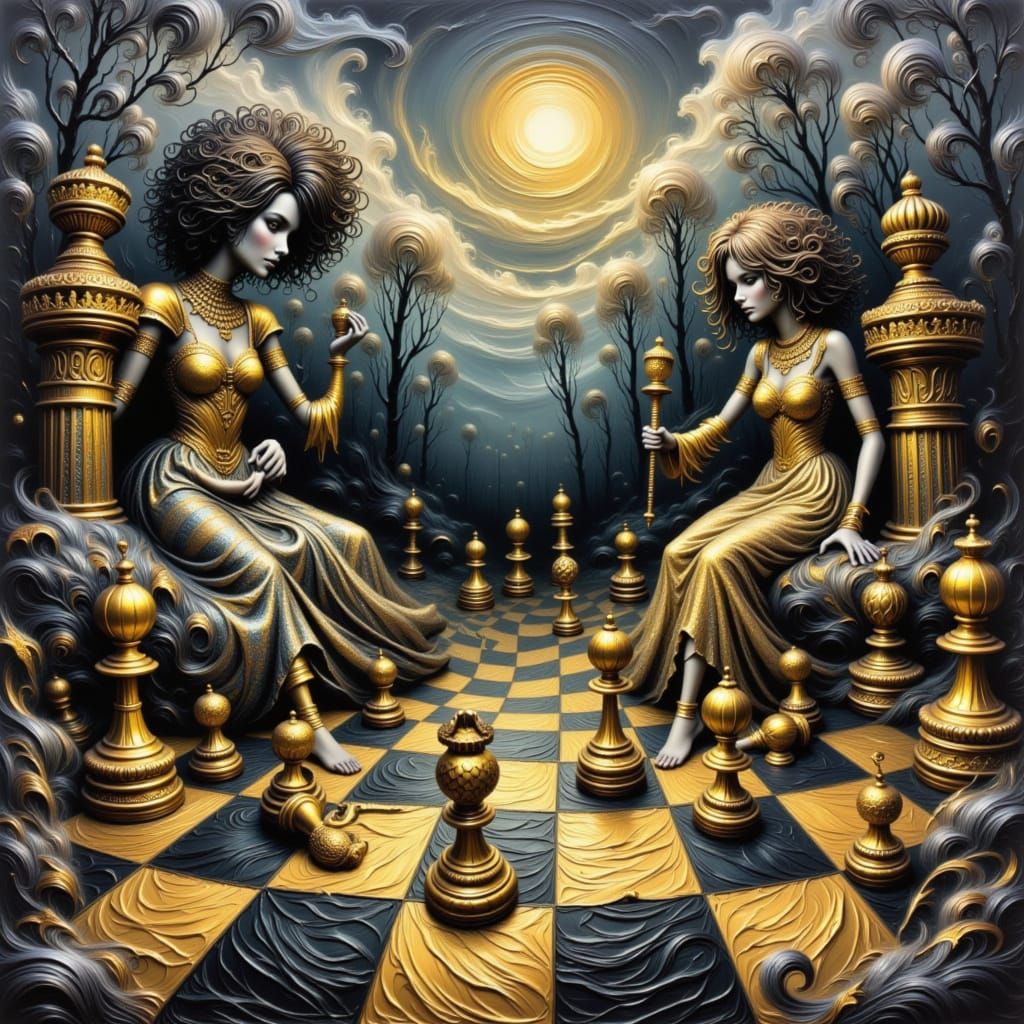 Gold and Silver Chess Set in Maximalist Watercolor Style