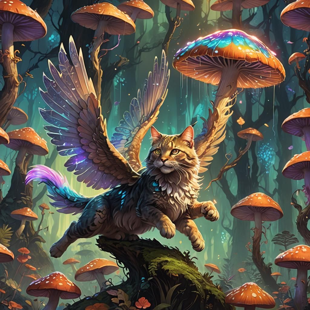 Winged Feline Leaps Over Glowing Mushroom