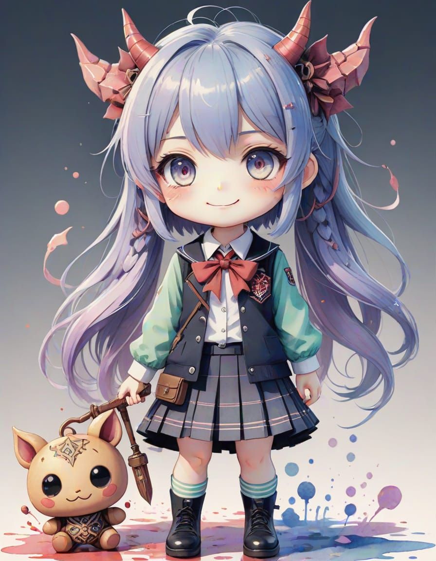 Chibi Demon Girl with Creepy Grin and Cursed Toy