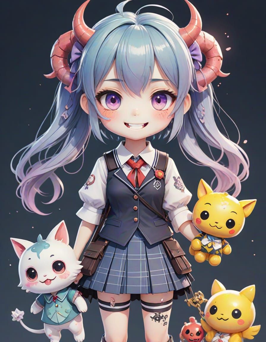 Cute Chibi Demon Girl in Horror-Cute Anime Style with Waterc...