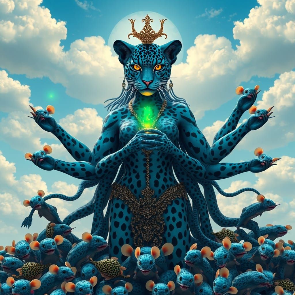 Teal Leopard Woman with Jaguar Mice, Digital Art