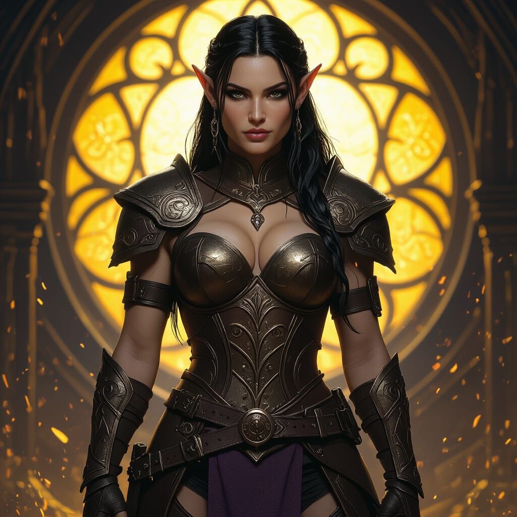 Muscular Female Elf in Leather Armor, Dark Fantasy Concept A...